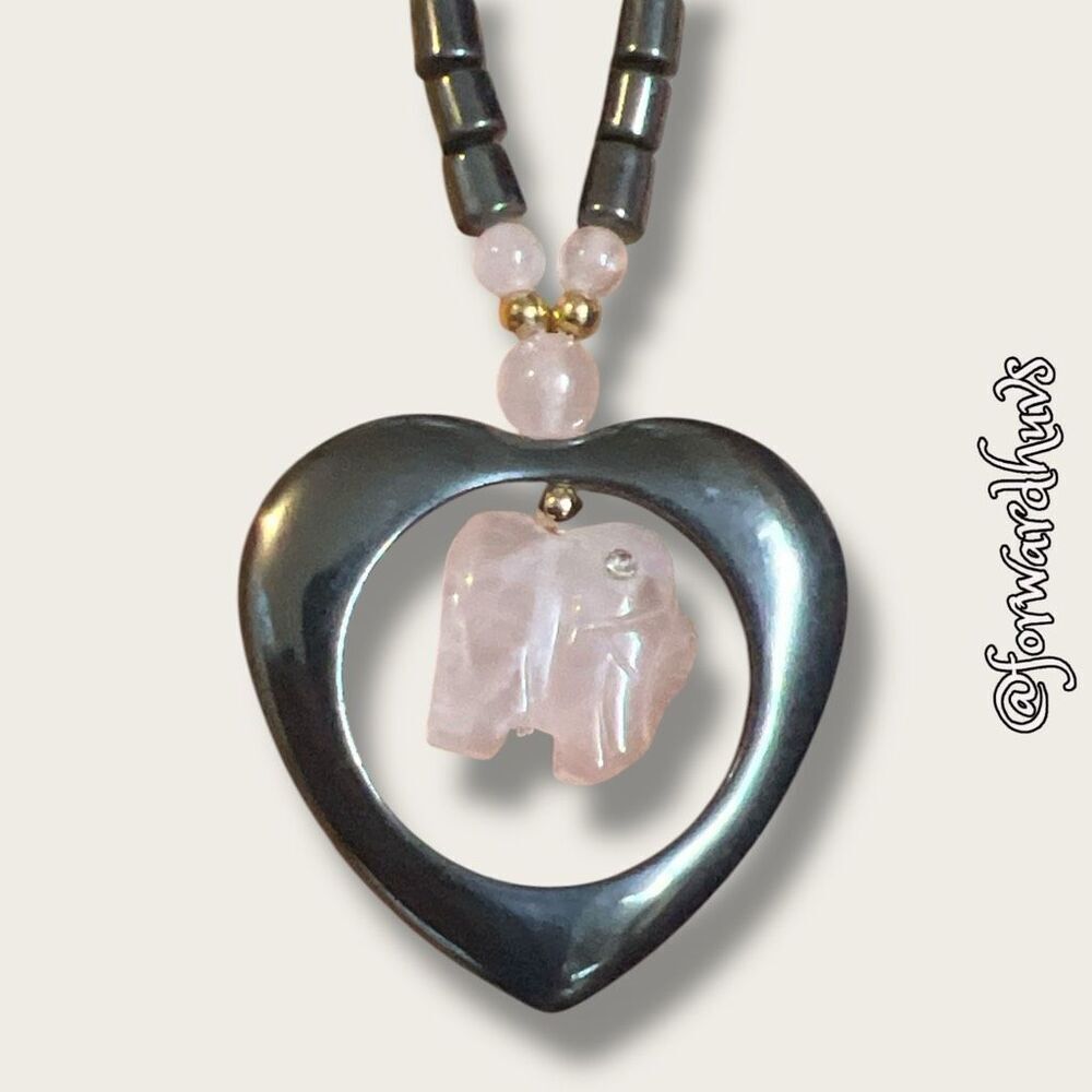Rose Quartz Cut Out Heart Hematite Gemstone Necklace with Elephant
